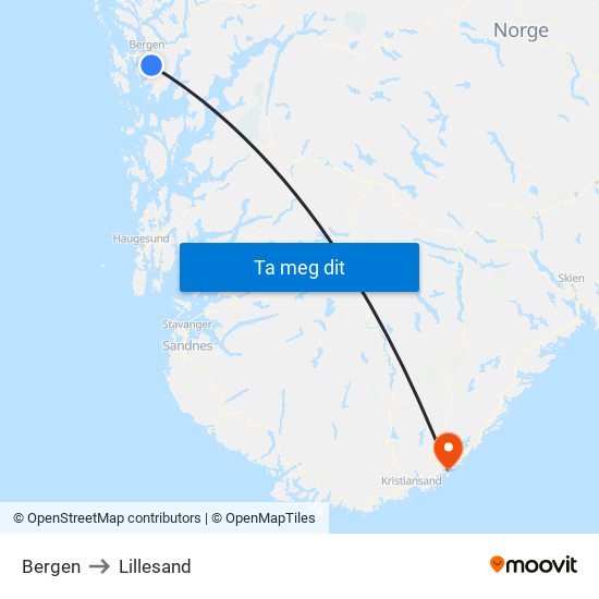 Bergen to Lillesand map