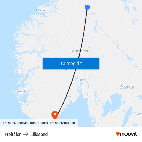 Holtålen to Lillesand map