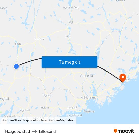 Hægebostad to Lillesand map