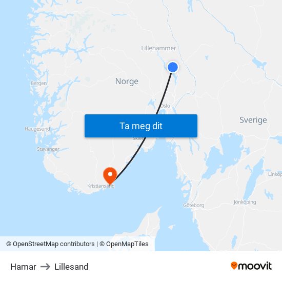 Hamar to Lillesand map