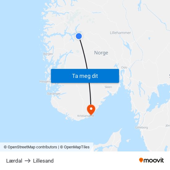 Lærdal to Lillesand map