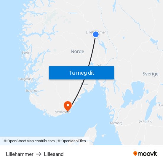 Lillehammer to Lillesand map