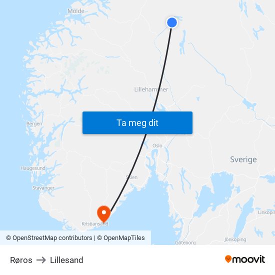 Røros to Lillesand map