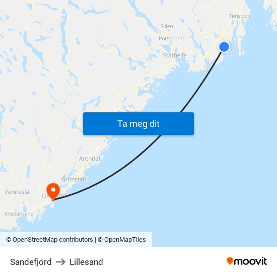 Sandefjord to Lillesand map