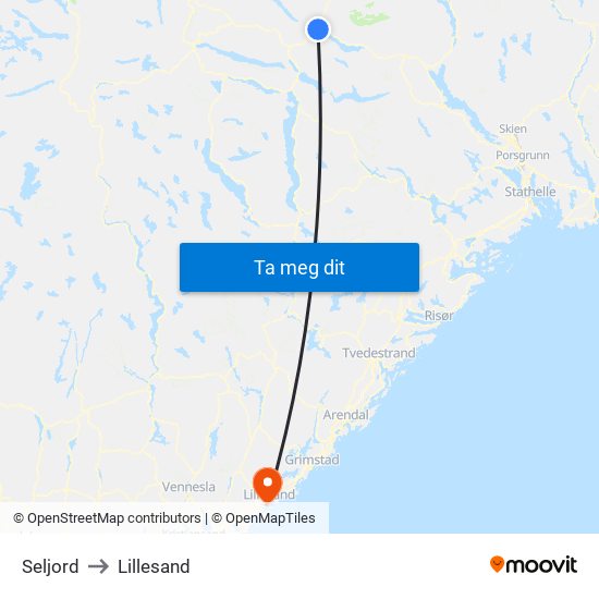 Seljord to Lillesand map