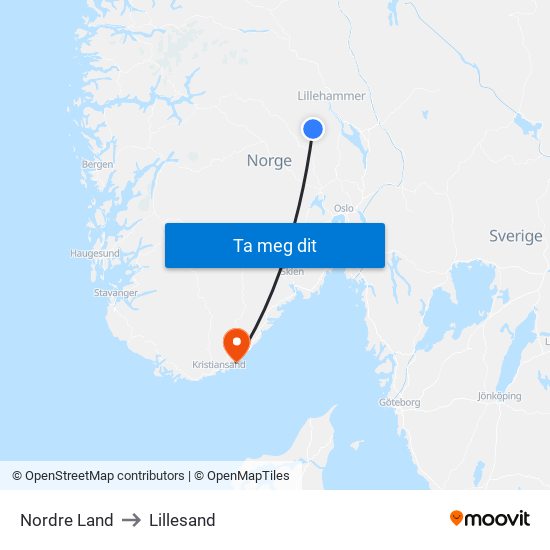 Nordre Land to Lillesand map