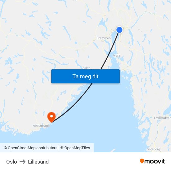 Oslo to Lillesand map