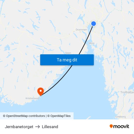 Jernbanetorget to Lillesand map