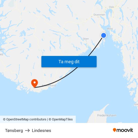 Tønsberg to Lindesnes map