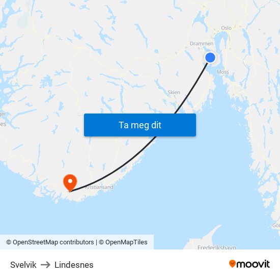 Svelvik to Lindesnes map