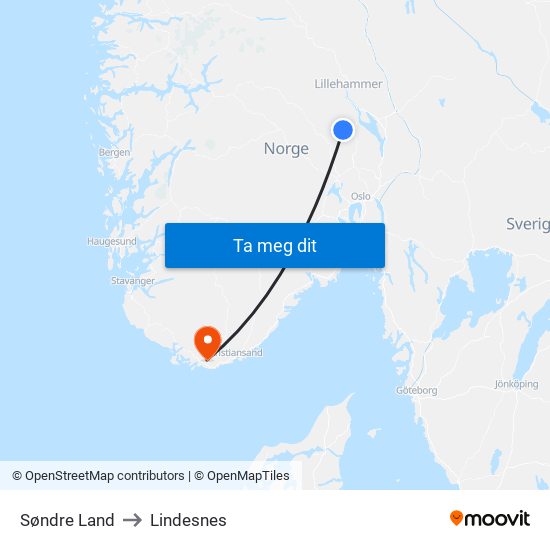 Søndre Land to Lindesnes map