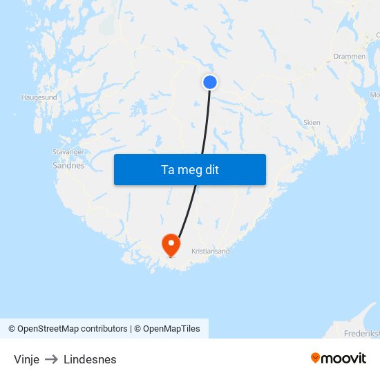 Vinje to Lindesnes map