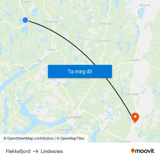 Flekkefjord to Lindesnes map