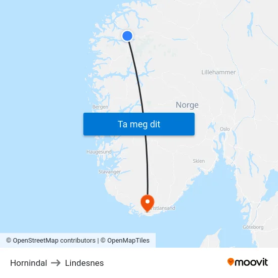 Hornindal to Lindesnes map