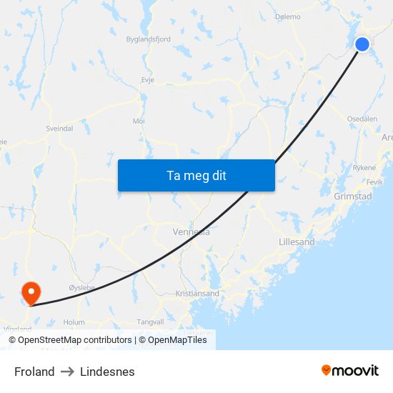 Froland to Lindesnes map