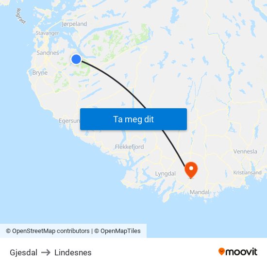 Gjesdal to Lindesnes map