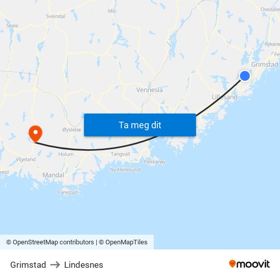 Grimstad to Lindesnes map