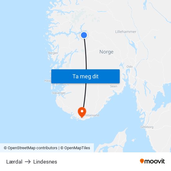 Lærdal to Lindesnes map