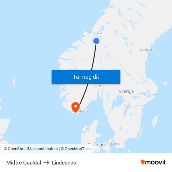 Midtre Gauldal to Lindesnes map