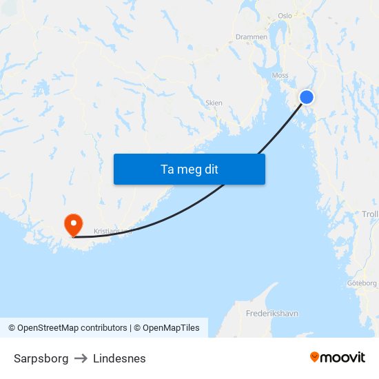 Sarpsborg to Lindesnes map