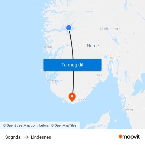 Sogndal to Lindesnes map