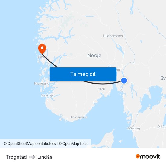 Trøgstad to Lindås map