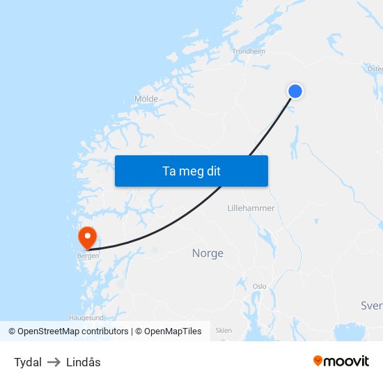 Tydal to Lindås map