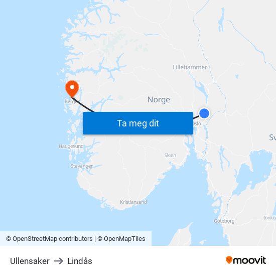 Ullensaker to Lindås map