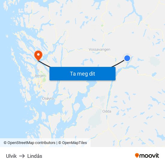 Ulvik to Lindås map