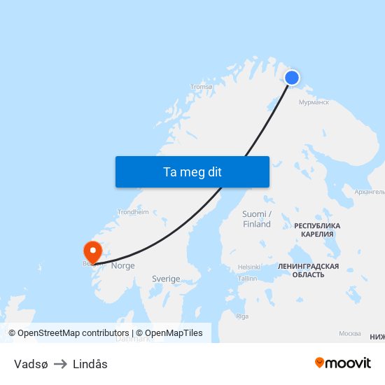 Vadsø to Lindås map