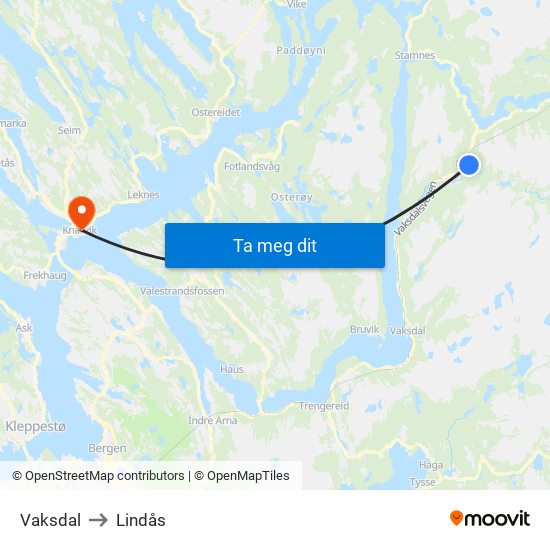 Vaksdal to Lindås map