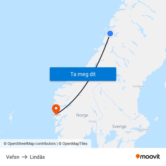 Vefsn to Lindås map