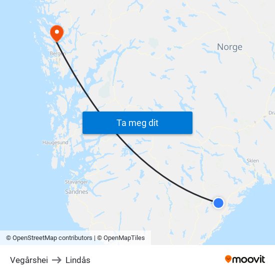 Vegårshei to Lindås map