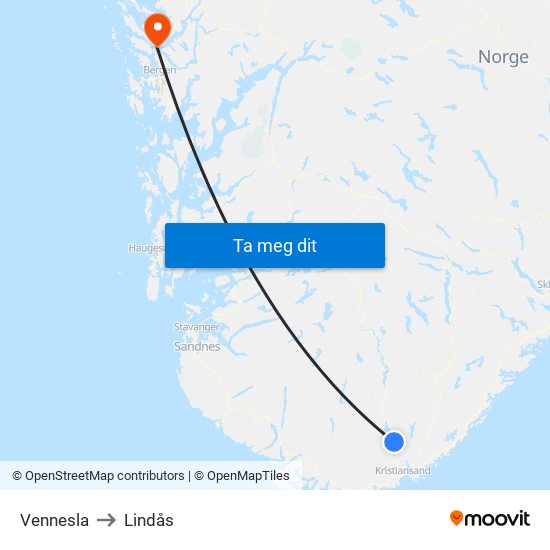 Vennesla to Lindås map