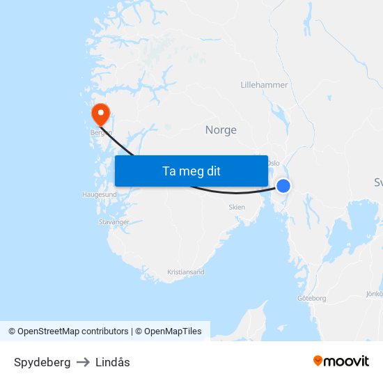 Spydeberg to Lindås map