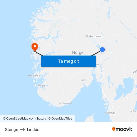 Stange to Lindås map
