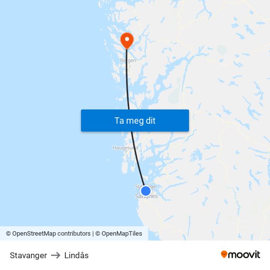 Stavanger to Lindås map