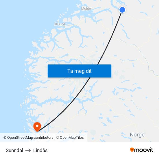 Sunndal to Lindås map