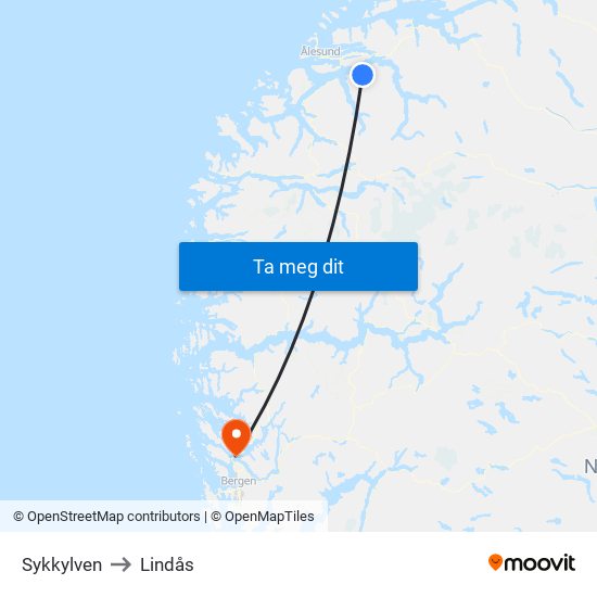 Sykkylven to Lindås map