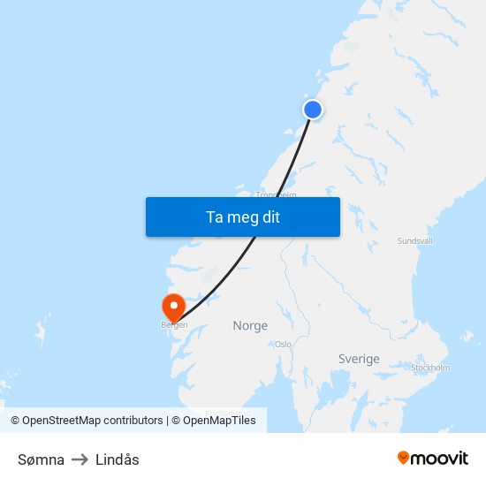 Sømna to Lindås map