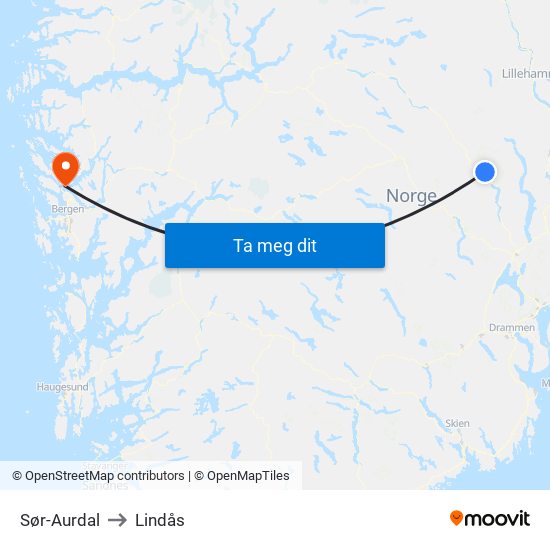 Sør-Aurdal to Lindås map