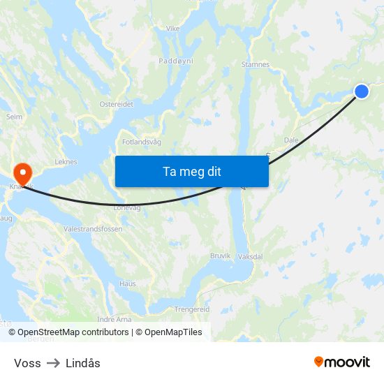 Voss to Lindås map