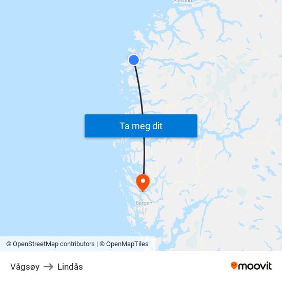 Vågsøy to Lindås map