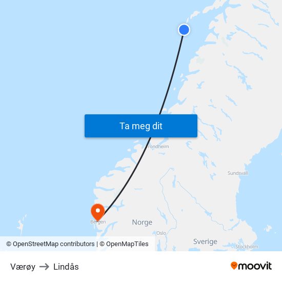 Værøy to Lindås map