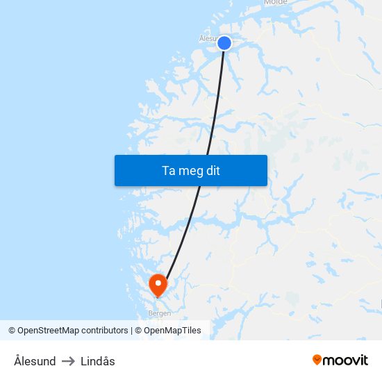 Ålesund to Lindås map