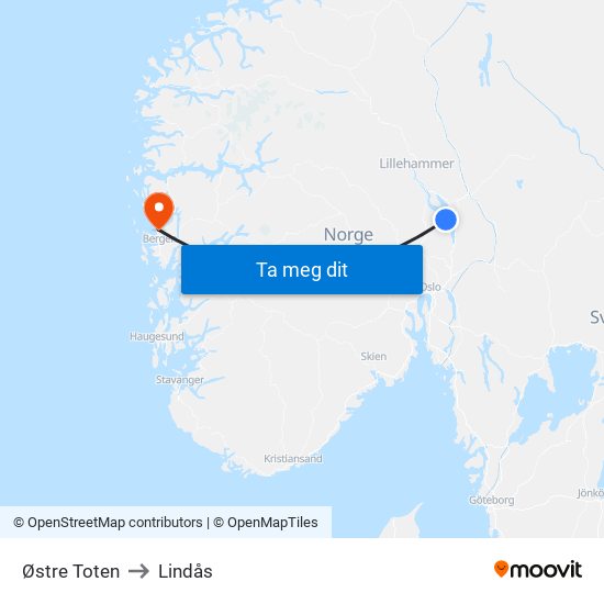 Østre Toten to Lindås map