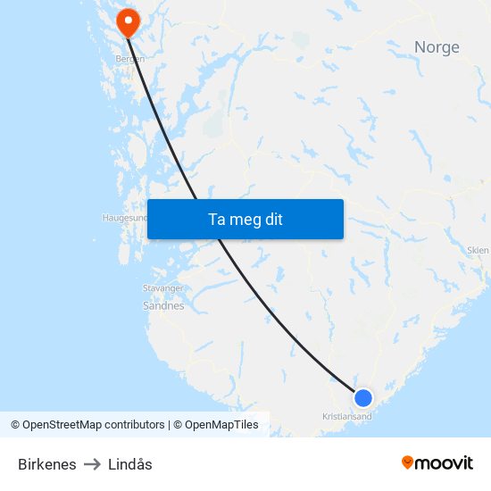 Birkenes to Lindås map