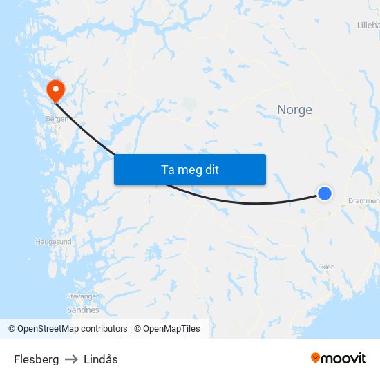 Flesberg to Lindås map
