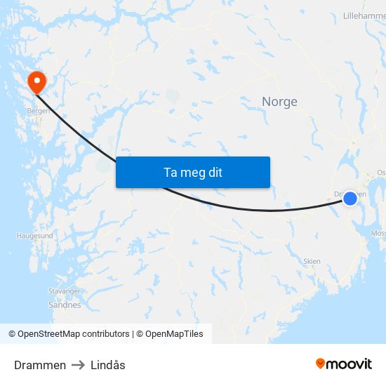 Drammen to Lindås map