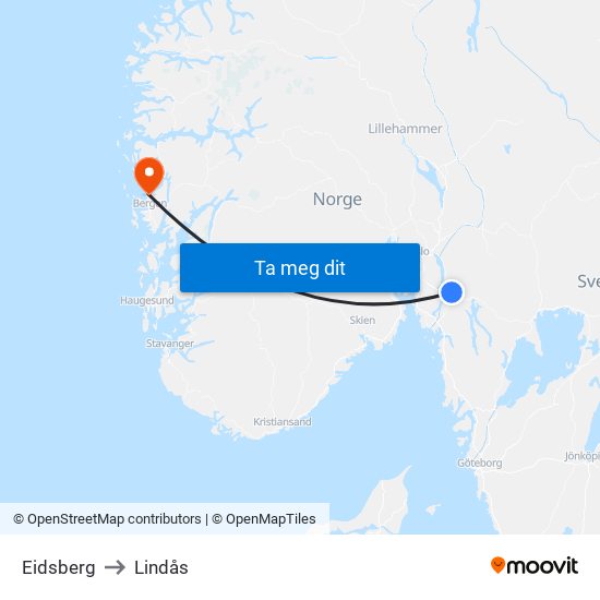 Eidsberg to Lindås map